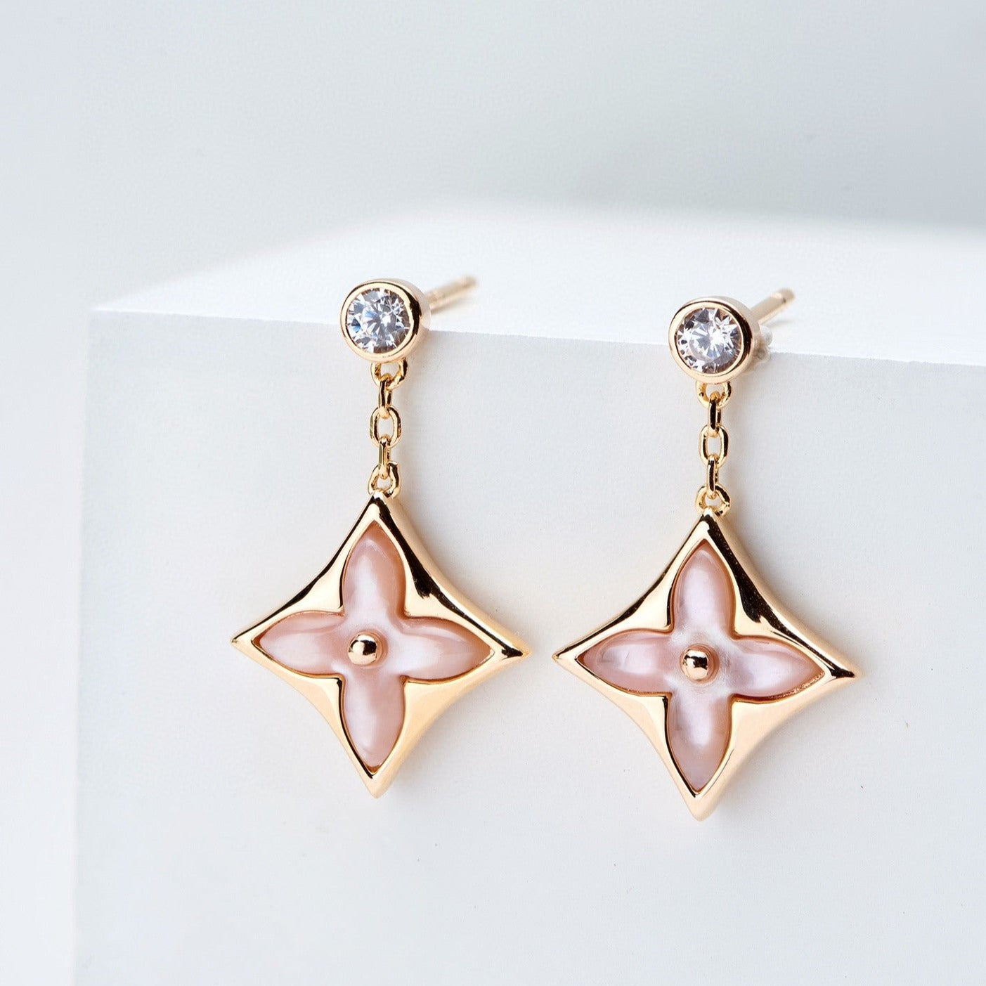 [Azure Tears]DOUBLE STAR ROSE GOLD MOP DROP EARRINGS