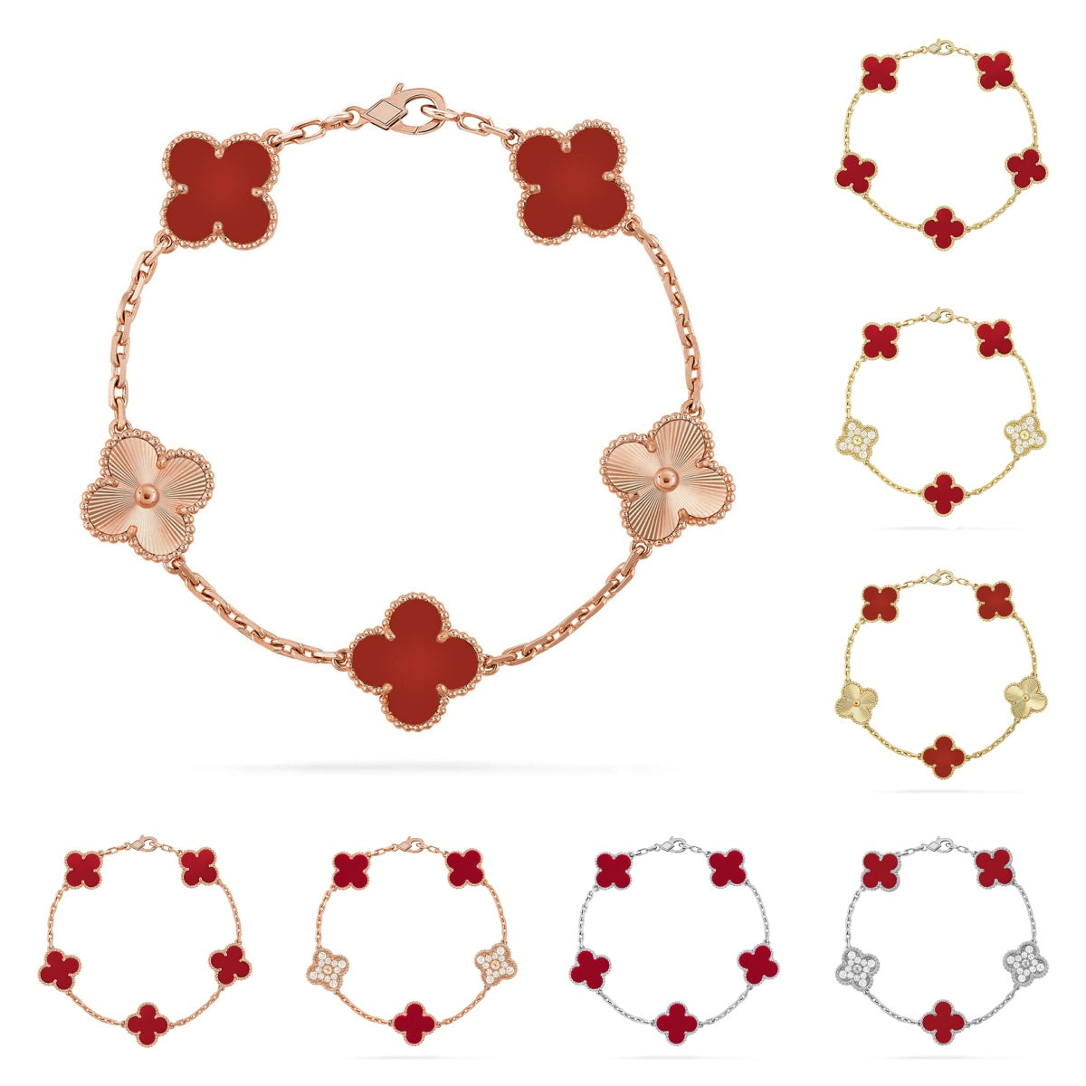 [Azure Tears]LUCKY CLOVER 5-MOTIF BRACELET - RED CARNELIAN COLLECTION