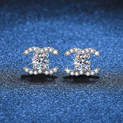 [Azure Tears]CHIC INTERLOCKING DOUBLE-C MOISSANITE STUD EARRINGS