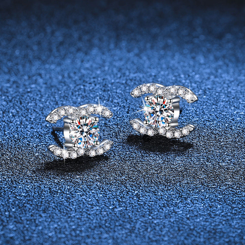 [Azure Tears]CHIC INTERLOCKING DOUBLE-C MOISSANITE STUD EARRINGS