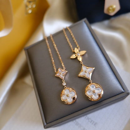 [Azure Tears]COLOR BLOSSOM LARIAT NECKLACE ROSE GOLD WHITE MOTHER PEARL AND DIAMOND
