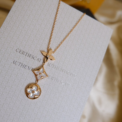 [Azure Tears]COLOR BLOSSOM LARIAT NECKLACE ROSE GOLD WHITE MOTHER PEARL AND DIAMOND