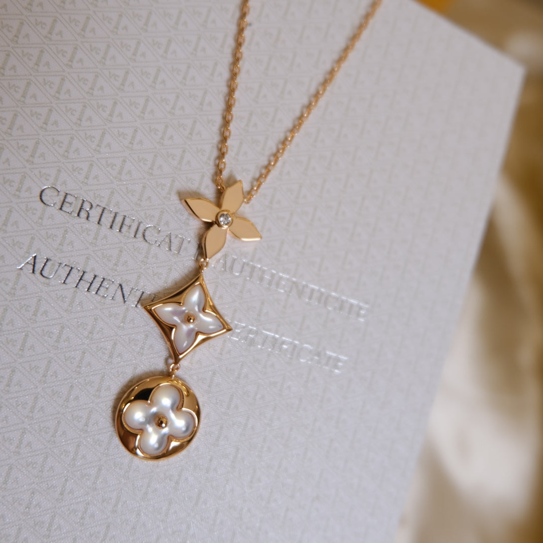 [Azure Tears]COLOR BLOSSOM LARIAT NECKLACE ROSE GOLD WHITE MOTHER PEARL AND DIAMOND