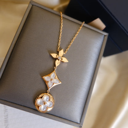[Azure Tears]COLOR BLOSSOM LARIAT NECKLACE ROSE GOLD WHITE MOTHER PEARL AND DIAMOND